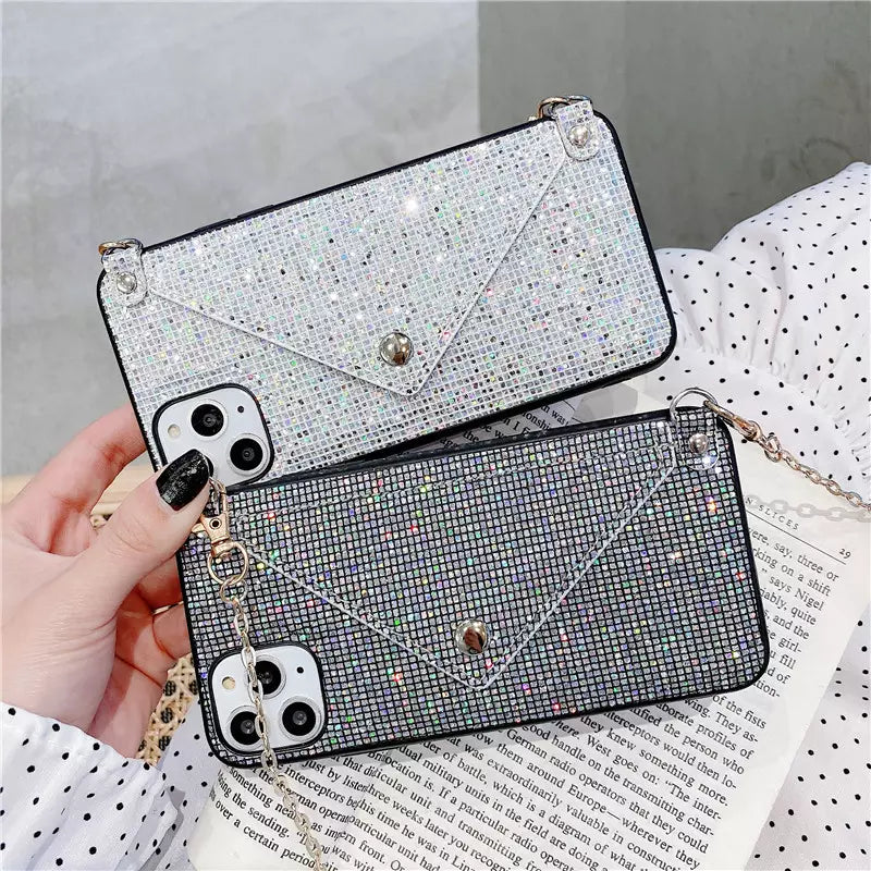 Bling Glitter flap pocket wallet with chain